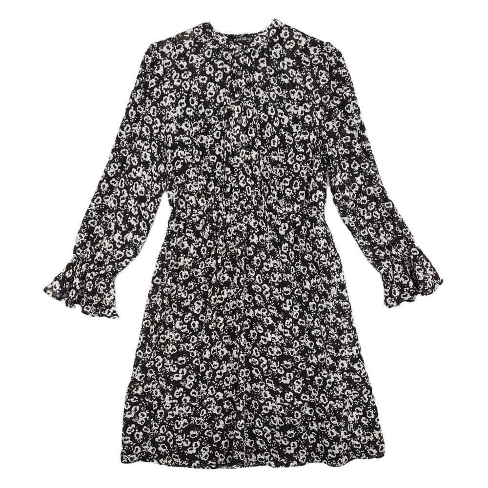 J Crew Mercantile Sz S Black White Floral Blouson Bell Sleeve Midi Dress, Witchy